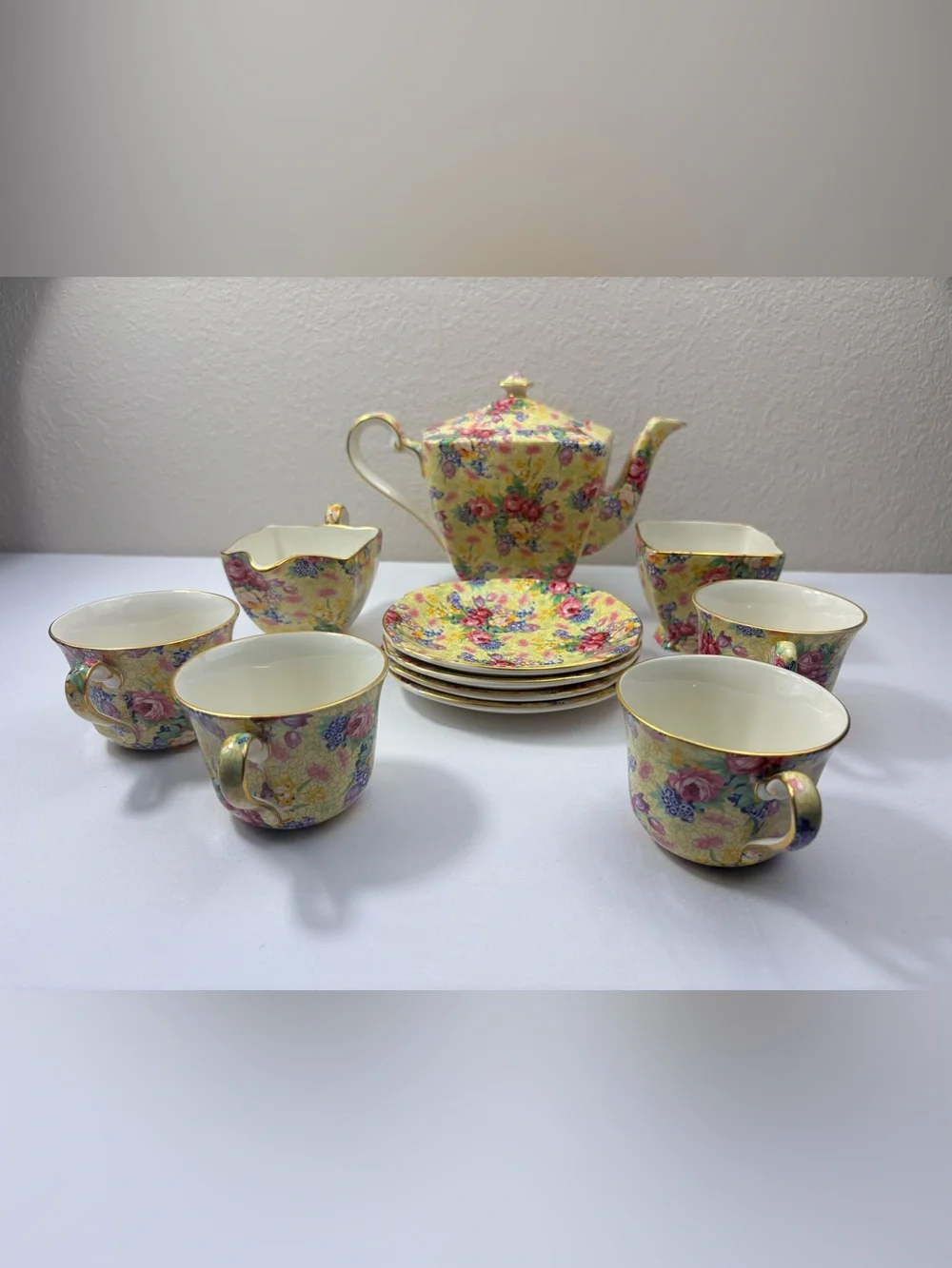 Royal Winton Wellbeck Chintz Tea Set with Pale Yellow Floral Pattern & Gold Trim